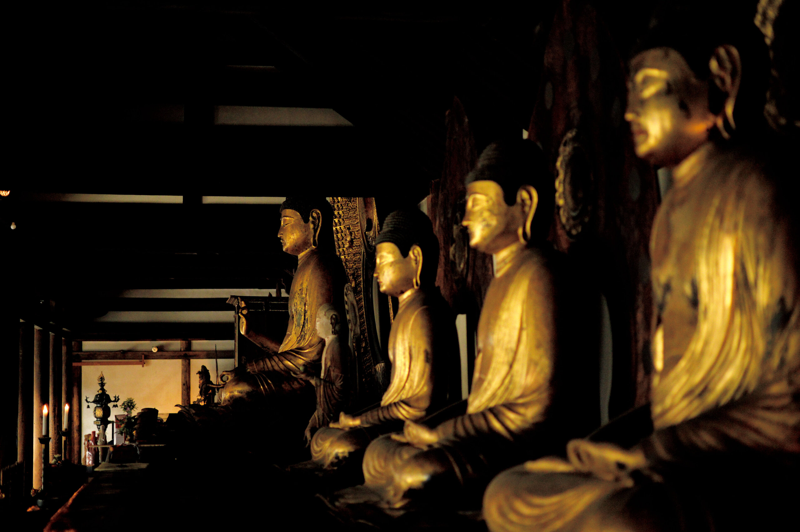 本堂と安置された九体阿弥陀如来像は国宝。平安時代の京都には、横長に阿弥陀如来像が並ぶ御堂が数十あったが、現存するのはここだけ。2018年7月から、5ヵ年計画で二体ずつ修理している最中