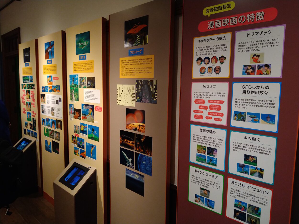 宮崎駿監督流「漫画映画の特徴」をまとめた展示パネル。2つの展示室を通じて全26話のストーリーも紹介されている　(c)NIPPON ANIMATION CO.,LTD. (c)Museo d'Arte Ghibli (c)Studio Ghibli