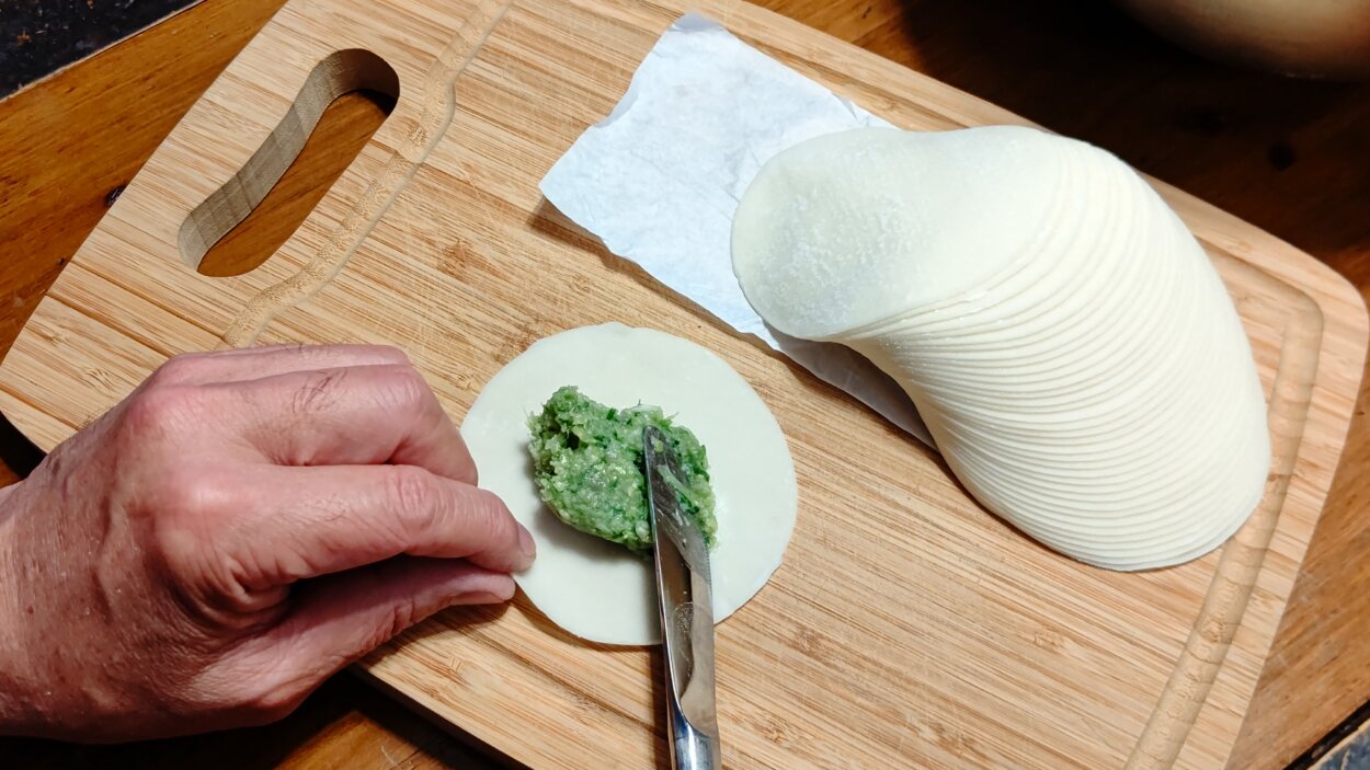 餃子を包むときは皮の中央に適量の餃子のたねを置く