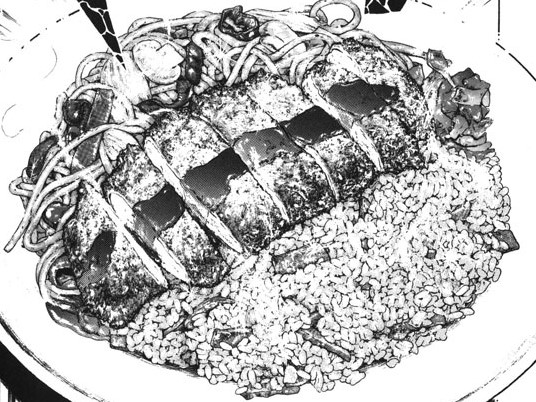 こちらがクッキングパパで描かれたトルコ風ライス。トンカツ、ナポリタンにドライカレーと、まさに背徳感満載の欲張りグルメ！ 『COOK.305　長崎のユニーク満腹メニュー　トルコ風ライス』より