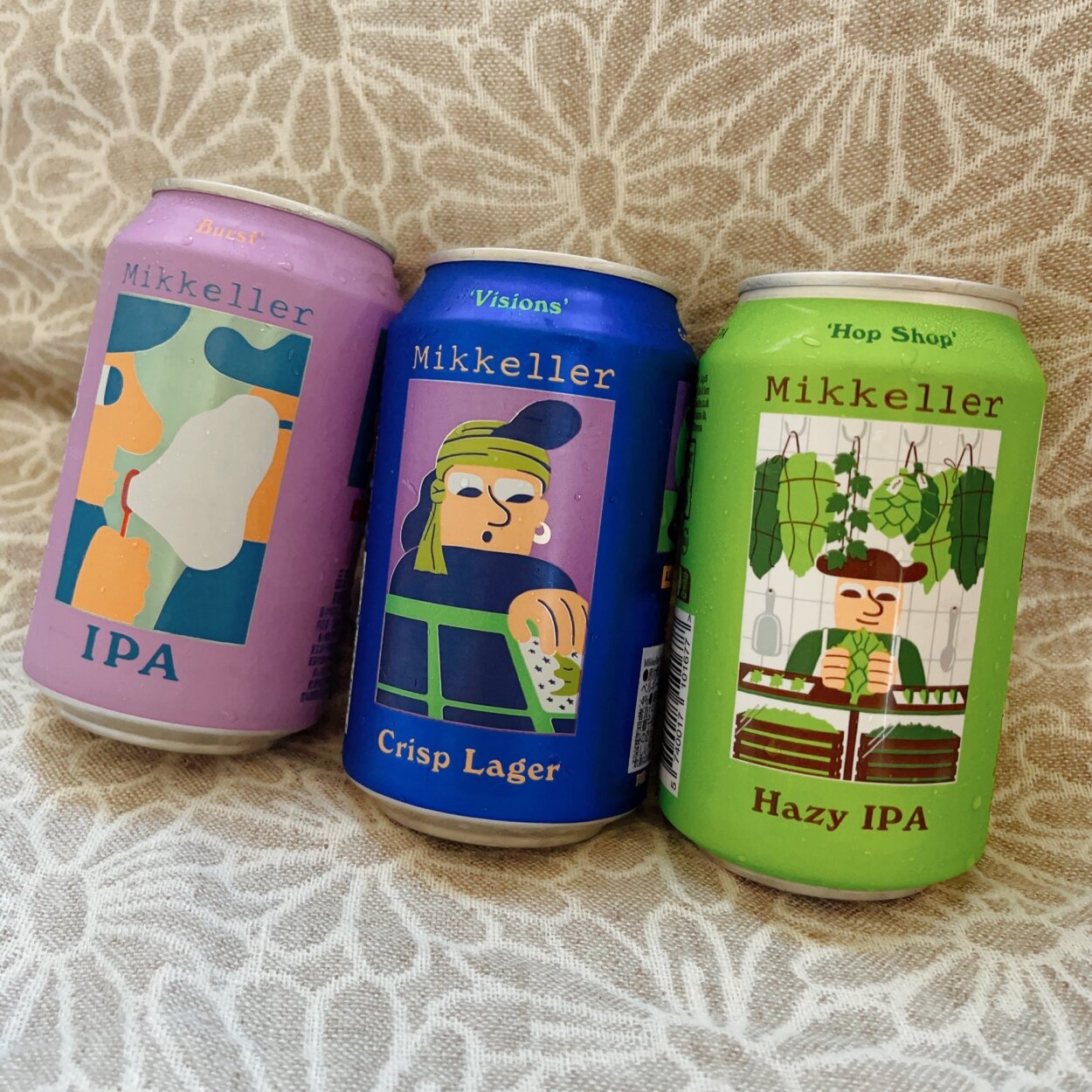 ミッケラー（デンマーク）のビール。左から「バースト IPA」、「ヴィジョンズ ラガー」、「ヘイジー IPA」