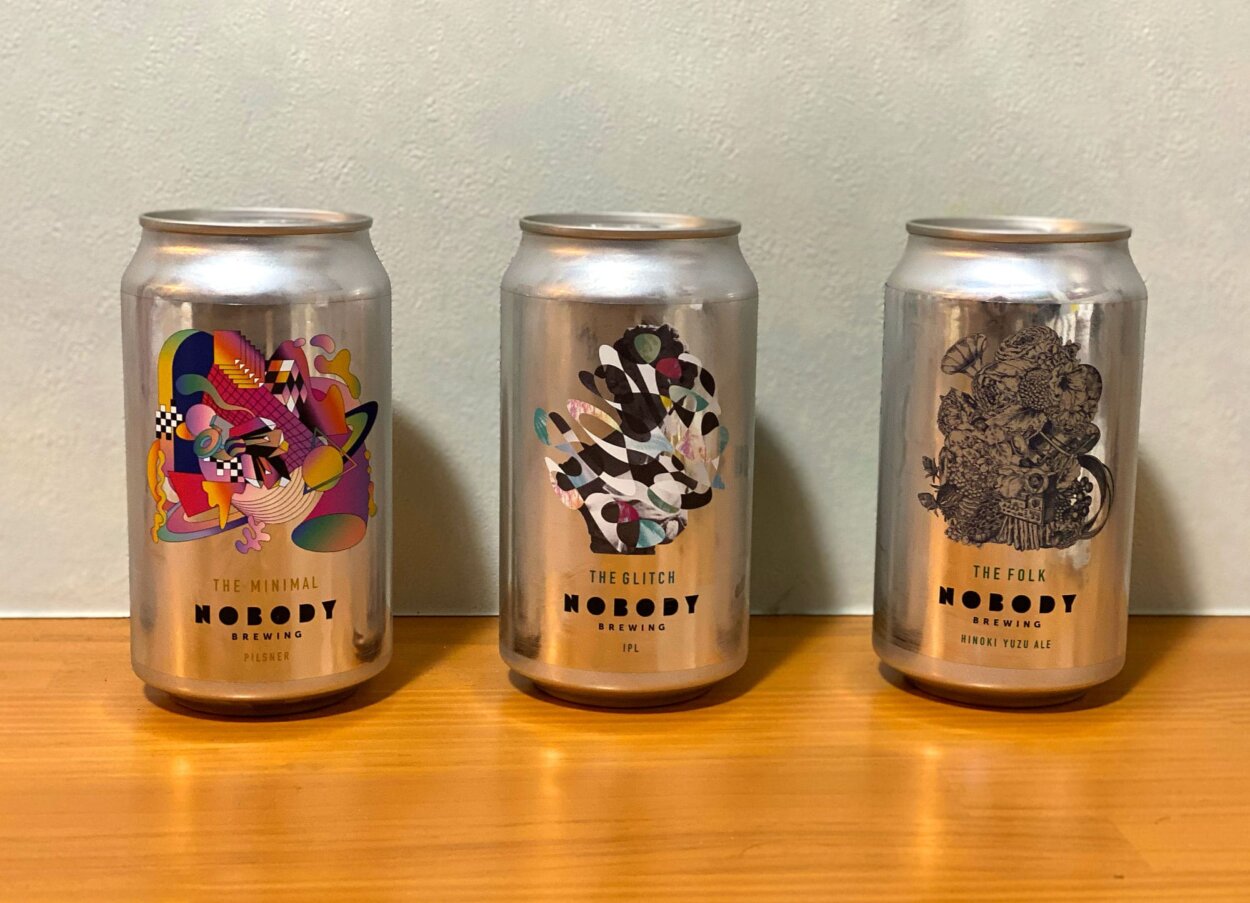 左から、ピルスナーの「The Minimal（ザ・ミニマル）」（650円／税抜）、IPLの「The Glitch（ザ・グリッチ）」（780円／税抜）、ヒノキゆずエールの「The Folk（ザ・フォーク）」（730円／税抜）
※すべてオープン価格